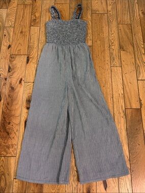 Hem & Thread Light Blue Smocked Wide-Leg Jumpsuit with Ruffled Straps